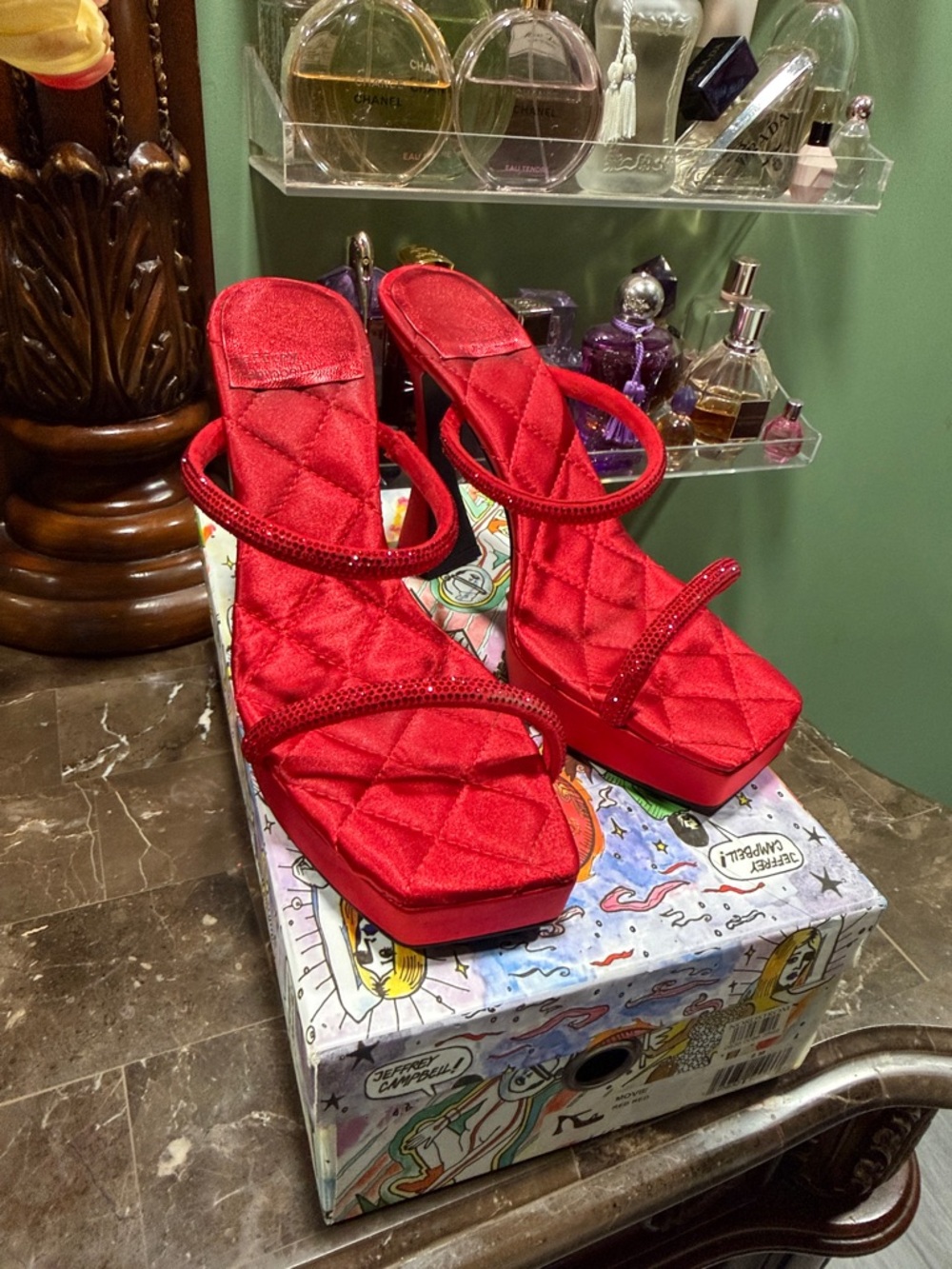 Irregular Choice Red Quilted Strappy Platform Heels with Rhinestone Detail